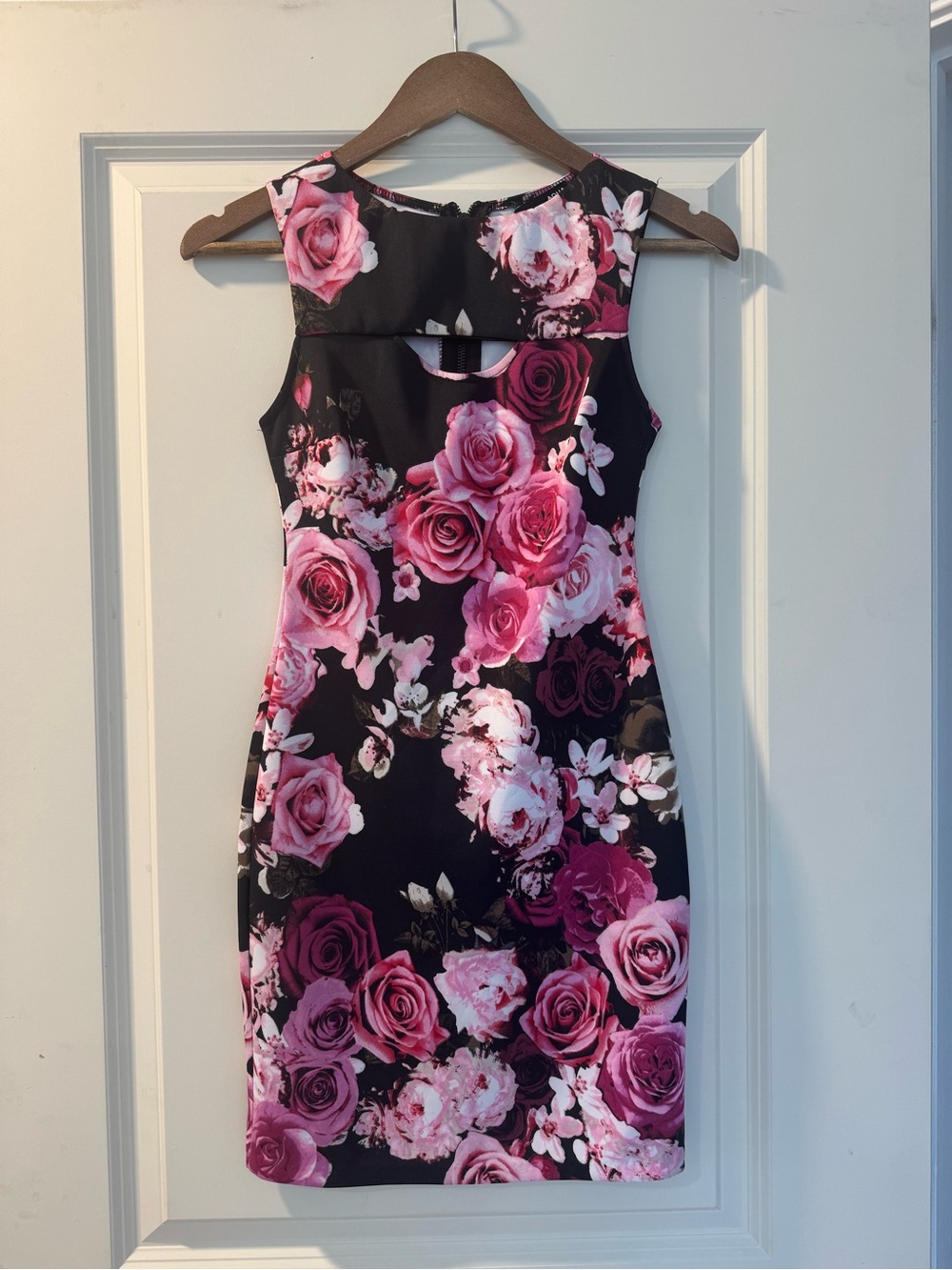 Aqua Black Sheath Dress with Pink Rose Print - Brand New